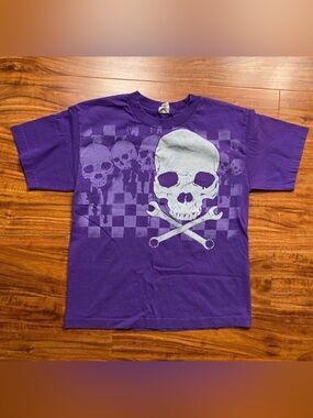 3/$25 Alstyle Boys Purple Scull Cotton Crew T-Shirt Size Large Casual Streetwear